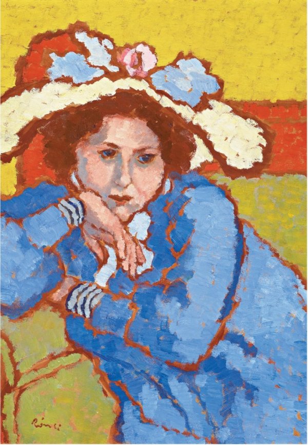 Kékruhás lány virágos kalapban