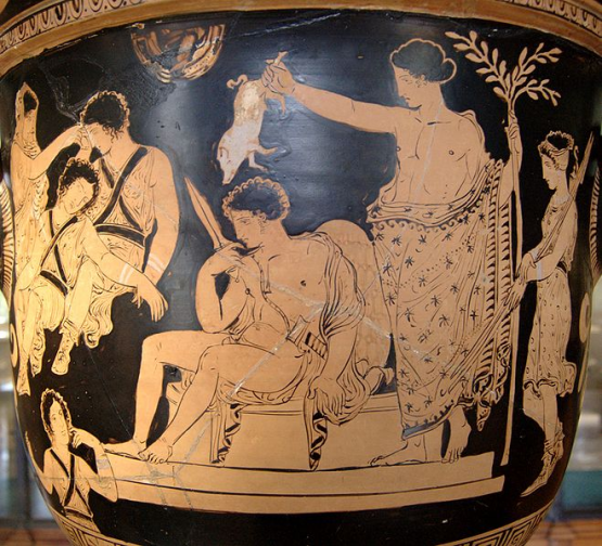 Görög vázakép a Louvre-ból: Oresztész, Apollón, Klütaimnésztra és az Erünniszek