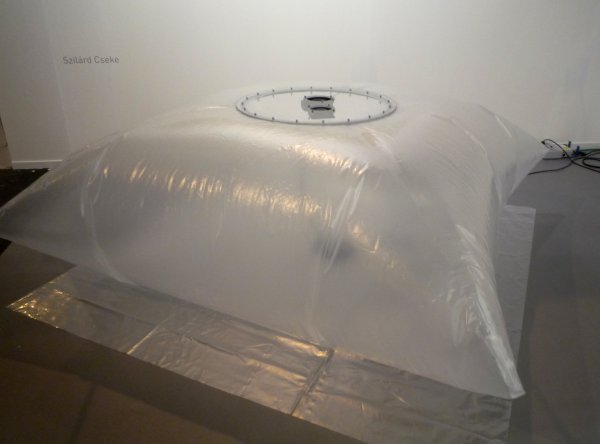 Cseke Szilárd: Fenntartható fejlődés (2014), ventilátorok, fólia, plexi, 100x250x250 cm, a Molnár Ani Galéria hozzájárulásával