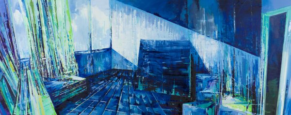 Esse Bánki Ákos: Belső szoba (2017), olaj, vászon, 120x300 cm