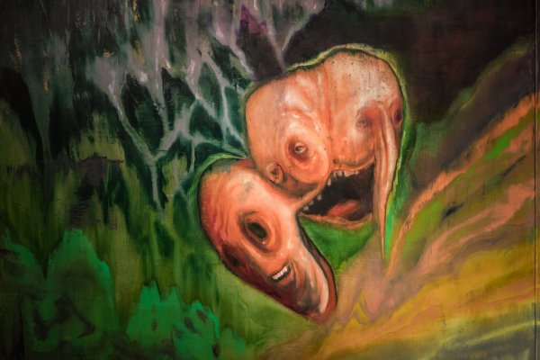 Kis Róka Csaba: Finger Food From Shitty Hole, 2018, olaj, vászon, 110x220 cm