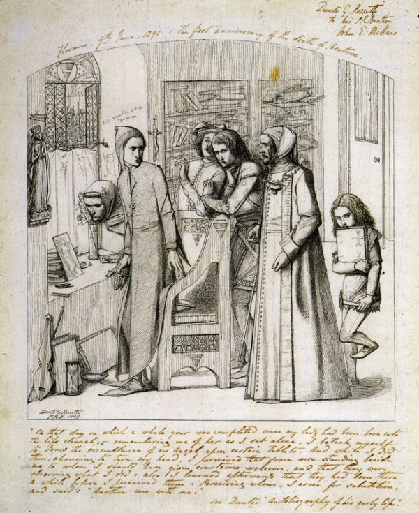 Dante Gabriel Rossetti: Beatrice halálának első évfordulója, 1849. Vegyes technika, karton. Forrás: Wikimedia Commons