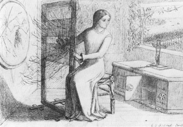 Elizabeth Siddal: Shalott kisasszonya, 1853. Vegyes technika, papír. Forrás: Wikimedia Commons