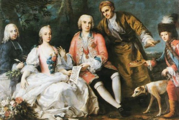 Jacopo Amigoni, Farinelli és barátai (–1750–52). Farinelli középen, körülötte Amigoni, a madridi opera prima donnája, Teresa Castellini, valamint Farinelli közeli barátja és a korszak ünnepelt librettistája, Pietro Metastasio.